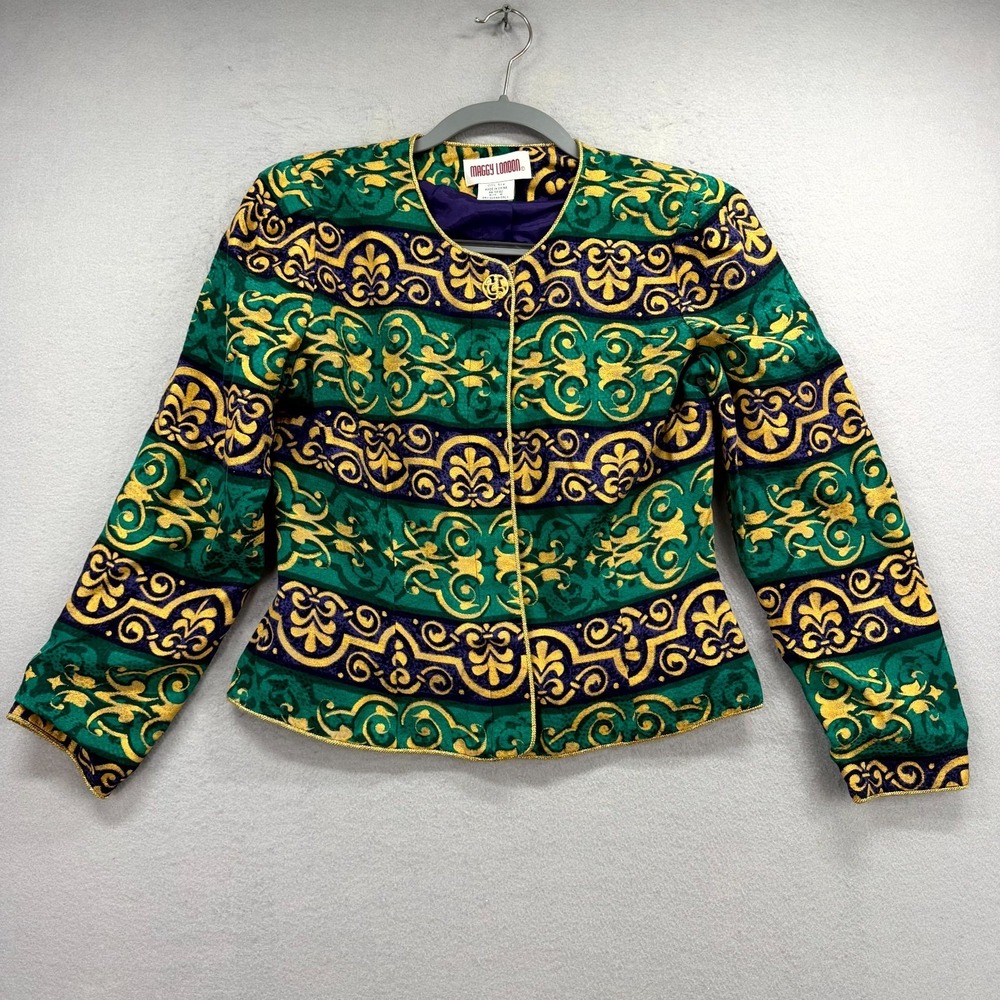 VTG Maggy London Jacket Women 8 Green Baroque-Inspired Pattern Silk Button Front